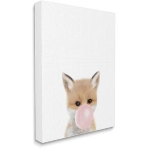 Stupell Industries Baby Red Fox with Pink Bubble Gum Woodland Animal, Design by Leah Straatsma Canvas Wall Art, 24 x 30, White
