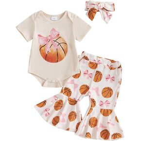 Baby Girl Basketball Outfits Little Sister Short Sleeve Romper Basketball Flare Pants Headband Set Summer Outfits