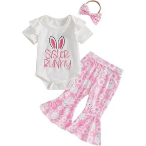 Newborn Baby Girl Easter Day Outfit Rabbit Letter Print Short Sleeve Flared Pants Headband Infant Girl Clothes Set