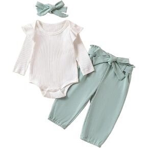 Emmababy Baby Girl Clothes Ribbed Ruffle Long Sleeve Romper Solid Bodysuit Belted Pants Headbands Fall Winter Outfits 0-18M