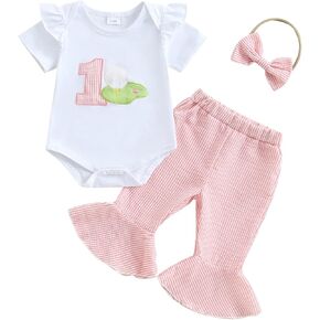 Newborn Baby Girl Golf Outfit Golf Letter Short Sleeve Romper Striped Flare Pants Headband Set Summer Clothes