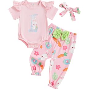 Baby Girl Easter Outfit Bunny Clothes Short Sleeve Romper Pants Set My First Easter Baby Girl Outfit