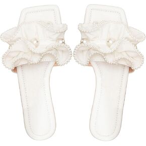 Verdusa Women's Ruffle Pearl Sandals Square Toe Slip on Slides Summer Slippers