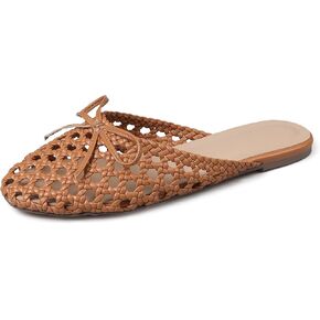 Synchoiss Woven Flat Sandals for Women Slip on Mesh Flats with Bow Knot Decoration Round Toe Espadrilles Slides Summer Mules Trendy
