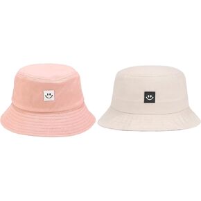 Kids Sun Hat Smile Face Bucket Hat for Girls Boys Summer Sun Protection Cotton Unisex Beach Cap Pink and Beige