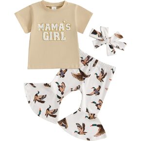 MAINESAKA Toddler Baby Girl Duck Hunting Clothes Boho Bell Bottom Outfit 2Pcs Short Sleeve Mamas Girl Tshirt Flare Pants Set
