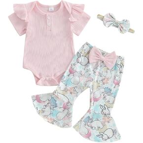 MoZiKQin Infant Baby Girl Easter Outfit Ribbed Ruffle Romper Bunny Bell Bottom Pants Headband Set Easter Spring Clothes