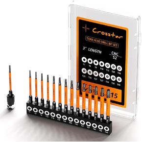 Crosstar 6" Impact Long Torx Bit Set 15pc (TT7-TT40) S2 Steel Security Tamper Proof Star Bits, 1/4" Hex-Shank Magnetic Holder & Storage Box w/Magnetizer