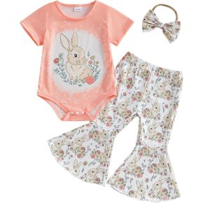 Baby Girls Easter Outfits Bunny Pattern Rompers With Bell Bottom Pants With Bow Headband
