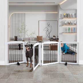 Dog Gate Freestanding Dog Fence Indoor with Door Foldable, Wooden Dog Gate for The House, Doorway, Stairs, Pet Gate Puppy Safety Fence, Support Feet Included, 32" Height, 4 Panels, White
