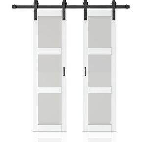 36 in. x 84 in. 3-Lite Tempered Frosted Glass White Finished Composite Double Sliding Barn Door with Hardware Kit Handle