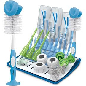 Dr. Brown's Folding Baby Bottle Drying Rack with Reusable Sponge Baby Bottle Cleaning Brush, Scrubber and Nipple Cleaner, Blue