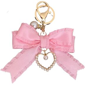 Ribbon Bowknot Bag Charms, Pearl Heart Keyring Purse Hanging Decorations Bag Handbag Pendant