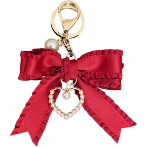 Ribbon Bowknot Bag Charms, Pearl Heart Keyring Purse Hanging Decorations Bag Handbag Pendant in Kuwait