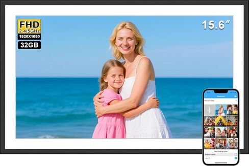 إطار صور رقمي SSA مقاس 15.6 بوصة، إطار صور رقمي واي فاي كبير بسعة 32 جيجابايت، سهل مشاركة الصور ومقاطع الفيديو عبر تطبيق مجاني، شاشة لمس IPS بدقة 1920x1080 FHD، تدوير تلقائي، إرسال 50 صورة مرة واحدة بلا حدود in Kuwait