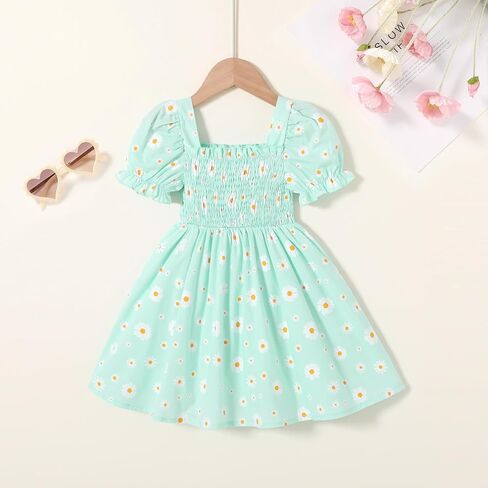 Toddler Baby Girl Summer Square Neck Floral Dress Bubble Short Sleeve Ruffle Smocked Sundress in Kuwait