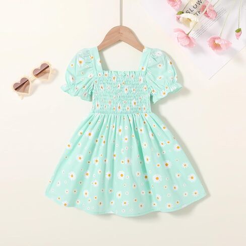 Toddler Baby Girl Summer Square Neck Floral Dress Bubble Short Sleeve Ruffle Smocked Sundress in Kuwait