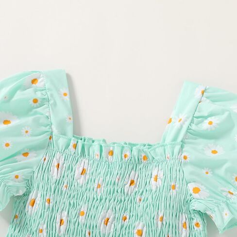 Toddler Baby Girl Summer Square Neck Floral Dress Bubble Short Sleeve Ruffle Smocked Sundress in Kuwait