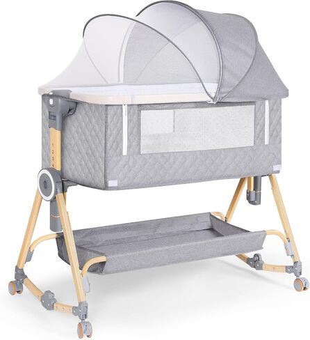 BABY BASSINET 5 in 1 ، يمكن تخزين سرير الأطفال بجانب السرير مع طاولة حفاضات وشبكة البعوض والمرتبة وطبقة التخزين في سرير سفر زر واحد (رمادي) in Kuwait