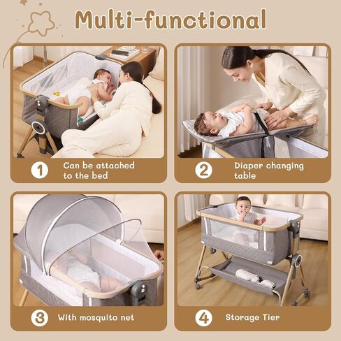 BABY BASSINET 5 in 1 ، يمكن تخزين سرير الأطفال بجانب السرير مع طاولة حفاضات وشبكة البعوض والمرتبة وطبقة التخزين في سرير سفر زر واحد (رمادي) in Kuwait