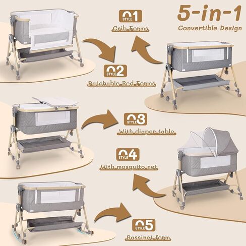 BABY BASSINET 5 in 1 ، يمكن تخزين سرير الأطفال بجانب السرير مع طاولة حفاضات وشبكة البعوض والمرتبة وطبقة التخزين في سرير سفر زر واحد (رمادي) in Kuwait
