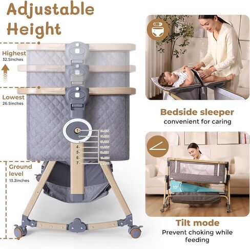 BABY BASSINET 5 in 1 ، يمكن تخزين سرير الأطفال بجانب السرير مع طاولة حفاضات وشبكة البعوض والمرتبة وطبقة التخزين في سرير سفر زر واحد (رمادي) in Kuwait