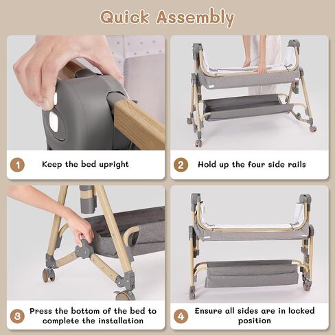 BABY BASSINET 5 in 1 ، يمكن تخزين سرير الأطفال بجانب السرير مع طاولة حفاضات وشبكة البعوض والمرتبة وطبقة التخزين في سرير سفر زر واحد (رمادي) in Kuwait