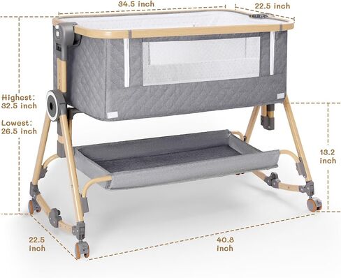 BABY BASSINET 5 in 1 ، يمكن تخزين سرير الأطفال بجانب السرير مع طاولة حفاضات وشبكة البعوض والمرتبة وطبقة التخزين في سرير سفر زر واحد (رمادي) in Kuwait