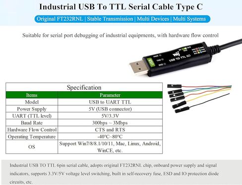 لوحة تحويل USB إلى TTL صناعية، مع استقرار وتوافق أفضل FT232RNL الأصلي، تتضمن صمامات ثنائية حماية ESD/IO قابلة لإعادة الضبط متوافقة مع Mac Linux Android WinCE Win7/8/8.1/10/11 in Kuwait