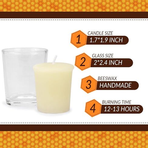 شموع نذرية من شمع العسل النقي - مجموعة من 6 شموع طبيعية في كوب زجاجي لديكور غرفة المنزل وهدية سبا وحفلات الزفاف in Kuwait