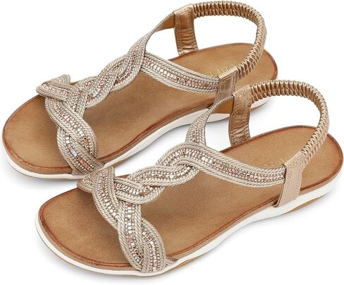 UBFEN Flat Sandals For Women Dressy Walking Comfortable Sandal With Rhinestone Braid Elastic Strap Summer Vacation in Kuwait