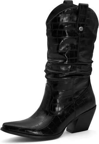 Women's Square Toe Cowboy Cowgirl Boots Embroidered Mid Calf Chunky Heel Western Boots in Saudi Arabia