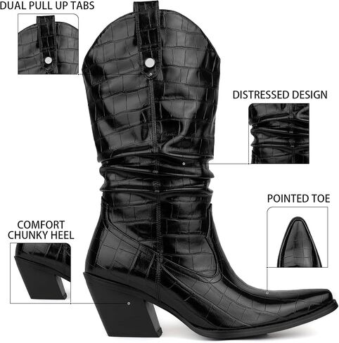 Women's Square Toe Cowboy Cowgirl Boots Embroidered Mid Calf Chunky Heel Western Boots in Saudi Arabia