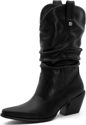 Women's Square Toe Cowboy Cowgirl Boots Embroidered Mid Calf Chunky Heel Western Boots in Saudi Arabia