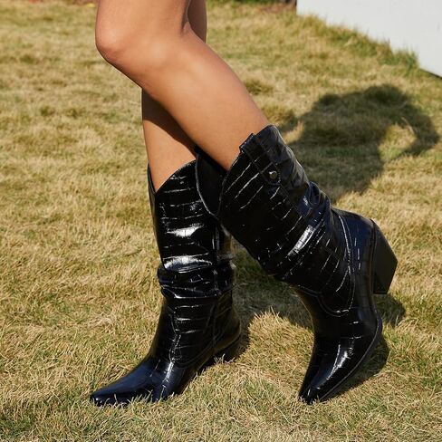 Women's Square Toe Cowboy Cowgirl Boots Embroidered Mid Calf Chunky Heel Western Boots in Saudi Arabia