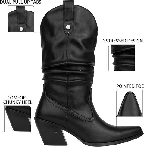 Women's Square Toe Cowboy Cowgirl Boots Embroidered Mid Calf Chunky Heel Western Boots in Saudi Arabia