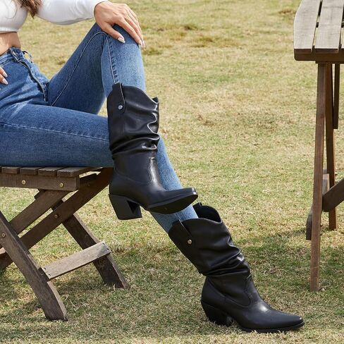 Women's Square Toe Cowboy Cowgirl Boots Embroidered Mid Calf Chunky Heel Western Boots in Saudi Arabia