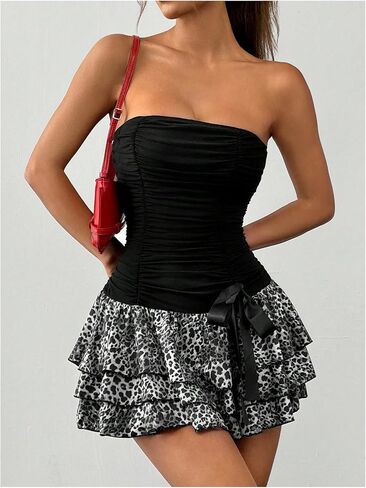 Verdusa Women's Y2k Leopard Print Strapless Tube Dress Bow Tiered Layered Ruched Mini Dress in Saudi Arabia
