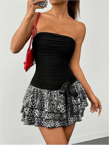 Verdusa Women's Y2k Leopard Print Strapless Tube Dress Bow Tiered Layered Ruched Mini Dress in Saudi Arabia
