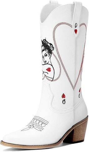 Women's Mid Calf Cowboy Boots - Western Cowgirl Boots with Queen of Hearts Embroidery, Stitched Pointed Toe Pull On Retro Style, Perfect for Parties, Concerts, and More in Saudi Arabia