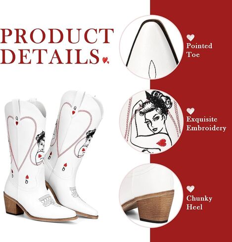 Women's Mid Calf Cowboy Boots - Western Cowgirl Boots with Queen of Hearts Embroidery, Stitched Pointed Toe Pull On Retro Style, Perfect for Parties, Concerts, and More in Saudi Arabia