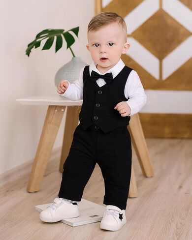 Baby Boy Clothes Suits Infant Gentleman Wedding Outfit Formal Dress Shirt Vest Bowtie Pants 4Pcs Baby Suit Sets in Kuwait