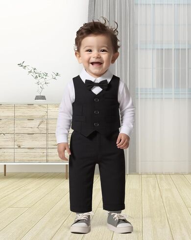 Baby Boy Clothes Suits Infant Gentleman Wedding Outfit Formal Dress Shirt Vest Bowtie Pants 4Pcs Baby Suit Sets in Kuwait