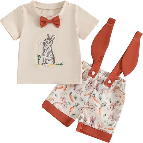 Toddler Baby Boy Easter Outfit Bunny Carrot Short Sleeve T-shirt Suspender Shorts Set Cute Boys Gentleman Clothes in Saudi Arabia