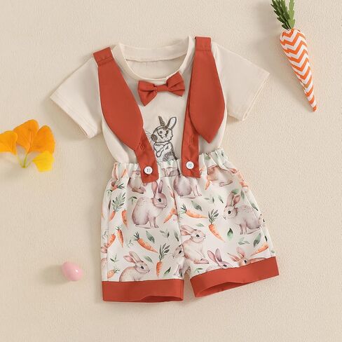 Toddler Baby Boy Easter Outfit Bunny Carrot Short Sleeve T-shirt Suspender Shorts Set Cute Boys Gentleman Clothes in Saudi Arabia
