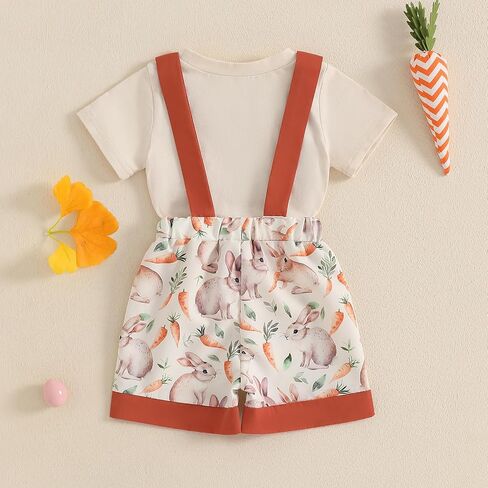 Toddler Baby Boy Easter Outfit Bunny Carrot Short Sleeve T-shirt Suspender Shorts Set Cute Boys Gentleman Clothes in Saudi Arabia