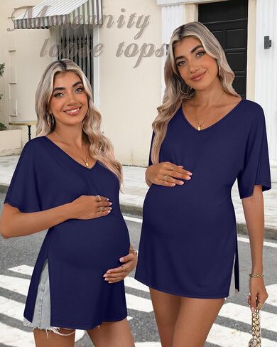 Ficerd 3 Pack Maternity Shirts Cotton V Neck Mama Tee Dolman Sleeve Side Split Pregnancy Clothes Summer Oversized Tops(Wine Red, Navy Blue, Black,M) in Saudi Arabia