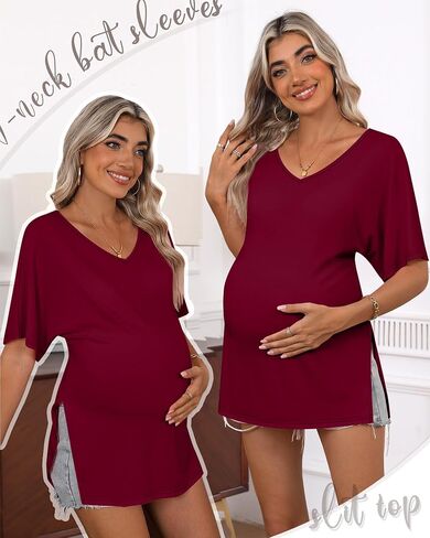 Ficerd 3 Pack Maternity Shirts Cotton V Neck Mama Tee Dolman Sleeve Side Split Pregnancy Clothes Summer Oversized Tops(Wine Red, Navy Blue, Black,M) in Saudi Arabia