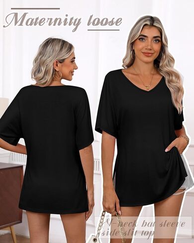 Ficerd 3 Pack Maternity Shirts Cotton V Neck Mama Tee Dolman Sleeve Side Split Pregnancy Clothes Summer Oversized Tops(Wine Red, Navy Blue, Black,M) in Saudi Arabia