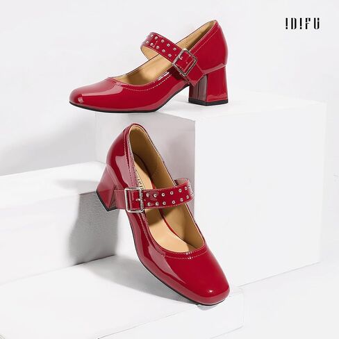 IDIFU in2 Mary Jane Shoes مضخات منخفضة كتلة مكتنزة كعب مغلق لإصبع النساء للنساء مريحة الزفاف الزفاف العروس حفلة موسيقية الحفلات حذاء الأزياء غير الرسمية لطيفة حزام حزام مربع أعقاب سميكة الكعب in Kuwait
